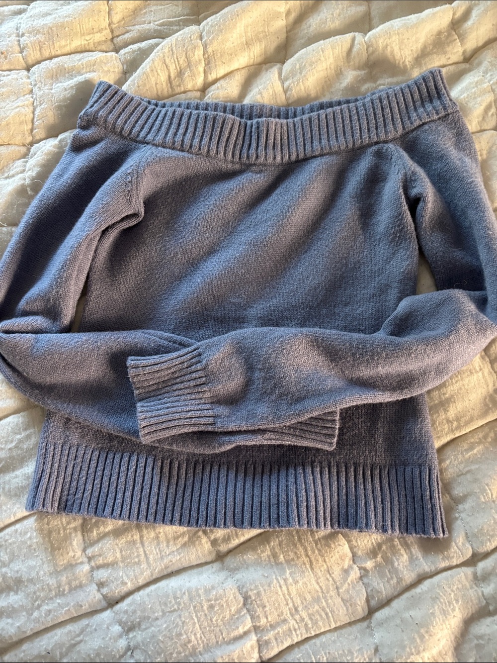 Edikted Dusty Blue Off-the-Shoulder Ribbed Hem Sweater
